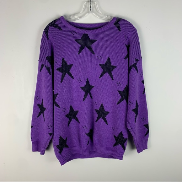 Vintage 90s Purple & Black Star Print Knit Sweater - Picture 2 of 4